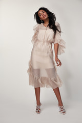 Catalog of fashion designers clothes casual and office business woman style dress for meeting walk and date beautiful sexy girl long hair natural makeup smile pretty face accessory perfect body shape.