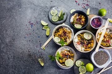  Top view composition of various Asian food in bowl