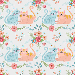 Cute couple cat in flowers garden pattern