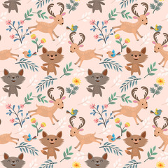 Wolf and deer in garden seamless pattern.