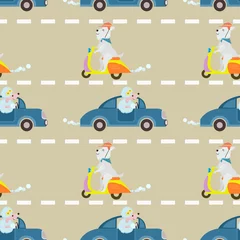 Wall murals Animals in transport Cute dog ride on vihicle seamless pattern
