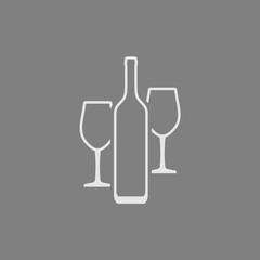 Wine bottle and two wine glasses that standing behind the bottle. Vector contour icon placed on dark gray background.