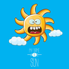 vector funky cartoon style summer sun character on blue sky background. My name is sun concept illustration. funky kids summer character with eyes and mouth