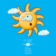 vector funky cartoon style summer sun character on blue sky background. My name is sun concept illustration. funky kids summer character with eyes and mouth