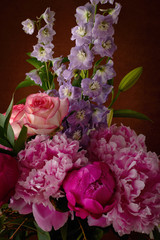 a beautiful bouquet of flowers lilies peonies roses card Wallpaper