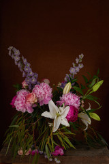 a beautiful bouquet of flowers lilies peonies roses card Wallpaper