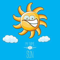 vector funky cartoon style summer sun character on blue sky background. My name is sun concept illustration. funky kids summer character with eyes and mouth