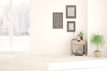 Mock up of empty room in white color with winter landscape in window. Scandinavian interior design. 3D illustration