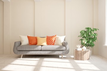 Stylish room in white color with sofa. Scandinavian interior design. 3D illustration