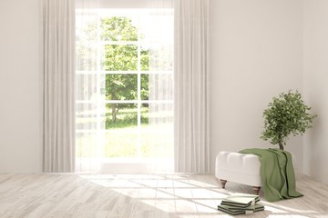 Stylish empty room in white color with summer landscape in window. Scandinavian interior design. 3D illustration