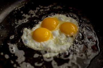 closeup eggs fried in pan