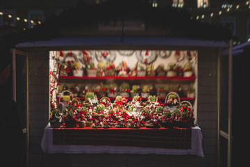 View of traditional famous annual Christmas Market in Senate Square of Helsinki, Finland, with kiosks, decoration, gifts and souvenirs