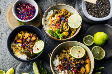  Top view composition of various Asian food in bowl