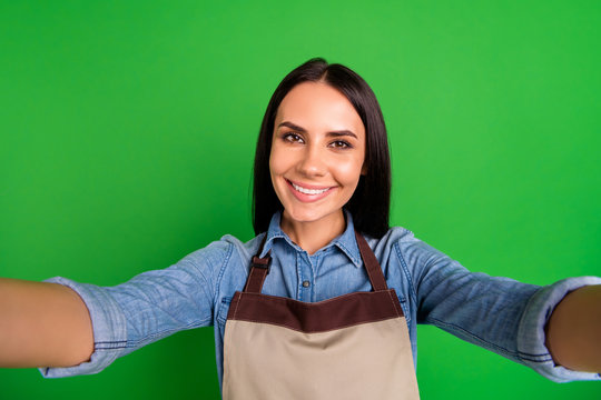 Close up photo of charming cute friendly youth blog blogger rest make photo moment positive cheerful fun wear trendy stylish blue denim jeans shirt isolated green background