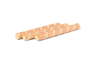 Sweet chocolate waffle rolls isolated on white background.