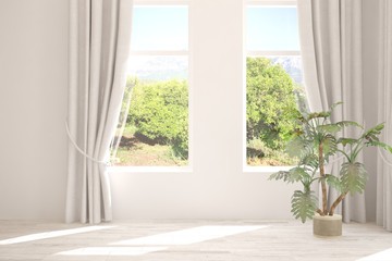 Stylish empty room in white color with summer landscape in window. Scandinavian interior design. 3D illustration