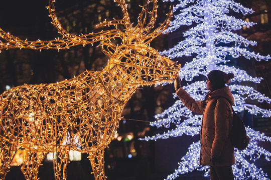 Christmas decorations in the streets of Helsinki, with evening light illumination, concept of Christmas in Finland, with deer made of lamps in Esplanade Park