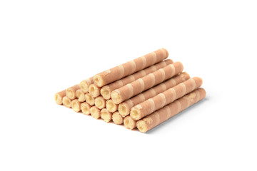 Sweet chocolate waffle rolls isolated on white background.