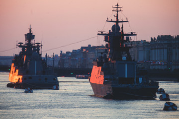 A line of modern russian military naval battleships warships in the row, northern fleet and baltic...