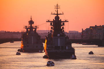 A line of modern russian military naval battleships warships in the row, northern fleet and baltic...