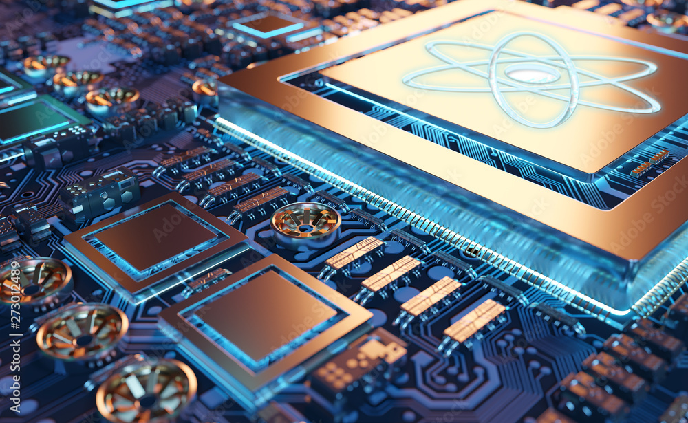 Poster close-up view on a nanotechnology electronic system 3d rendering