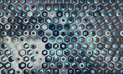 Glowing black and blue hexagons background pattern on silver metal surface 3D rendering
