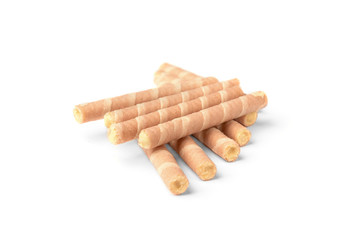 Sweet chocolate waffle rolls isolated on white background.