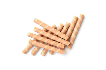 Sweet chocolate waffle rolls isolated on white background.