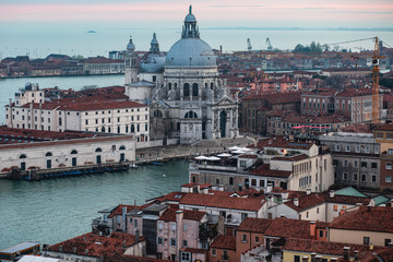 Fototapeta na wymiar Beautiful super wide-angle aerial view of Venice, Italy with harbor, islands, skyline and scenery beyond the city, seen from the observation tower of St Mark's Campanile