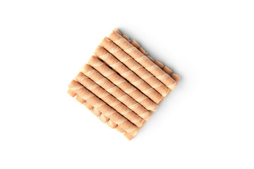 Sweet chocolate waffle rolls isolated on white background.