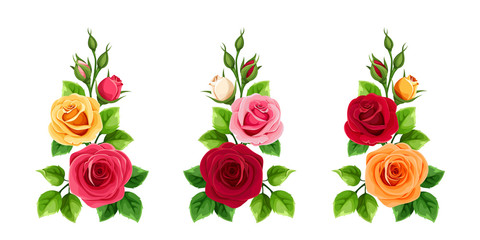 Vektor-Reihe von Zweigen von roten, rosa, orangefarbenen und gelben Rosen isoliert auf weißem Hintergrund.