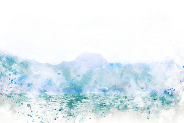 Fototapeta premium Abstract colorful beautiful Mountain range and sea water in Krabi, Thailand on watercolor illustration painting background.