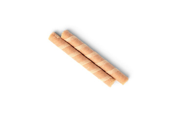 Sweet chocolate waffle rolls isolated on white background.