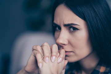 Close up side profile photo beautiful she her lady displeased hopeless arms hands palms together...