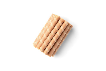 Sweet chocolate waffle rolls isolated on white background.