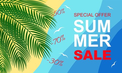 Vector Summer Sale tag design with tropical palm leaves on abstract sea background. Big summer offer design, Sale template for flyer, print, mailing, poster, web site, social media. 