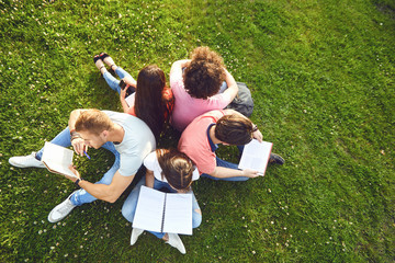 Students study sitting on green grass in a park in summer spring.