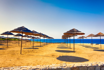 Sand beach with rows of strawy beach umbrellas