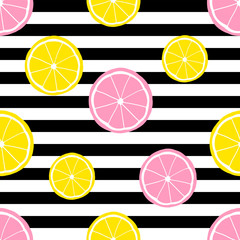 Modèle tropical sans couture avec des tranches de citrons jaunes et roses. Impression lumineuse vectorielle pour tissu ou papier peint.