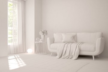 Mock up of stylish room in white color with sofa. Scandinavian interior design. 3D illustration