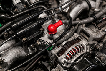close-up of the engine, front view. Internal combustion engine, car parts, deteyling, Soft focus .