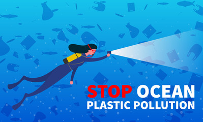 Stop ocean plastic pollution. Promo poster with underwater rubbish.