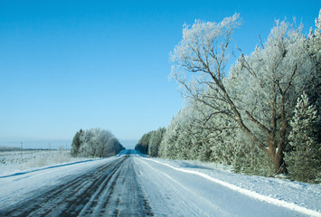 Winter rural highway in frosty day