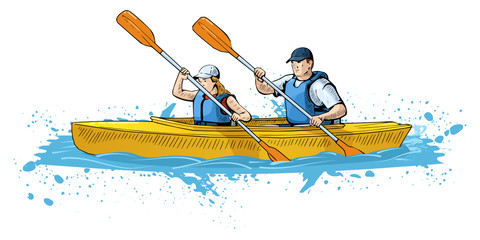 Vector illustration of a couple rowing on canoe. Beautiful sport themed poster. Water sports, sea, river, vacation, boating, canoeing