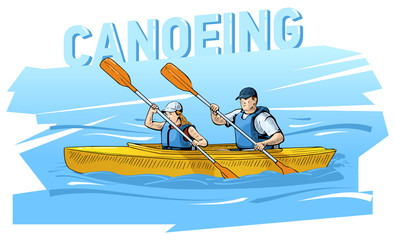 Vector illustration of a couple rowing on canoe. Beautiful sport themed poster. Water sports, sea, river, vacation, boating, canoeing
