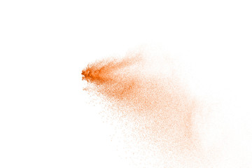 Explosion of brown powder on white background.