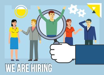 We are hiring, personnel recruitment concept. Big hand holds magnifier over small people. Poster for social media, web page, banner, presentation. Flat design vector illustration