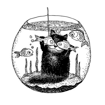 cat with fish vector print black and white animals funny cartoon fantasy flat vintage