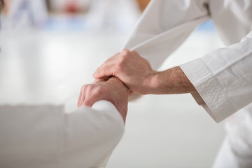Obraz na płótnie Canvas Man practicing aikido shaking hands of his rival