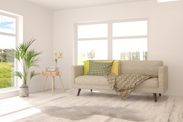 Stylish room in white color with sofa. Scandinavian interior design. 3D illustration
